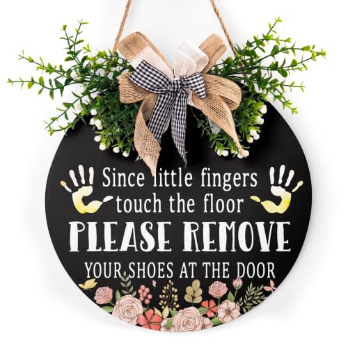 Since Little Fingers Touch Our Floor Sign Leave Your Shoes At The Door Wood Plaque with Buffalo Check Plaid Bow 12in Shoes Off Sign for All Seasons Farmhouse Home Front Porch Door Decoration