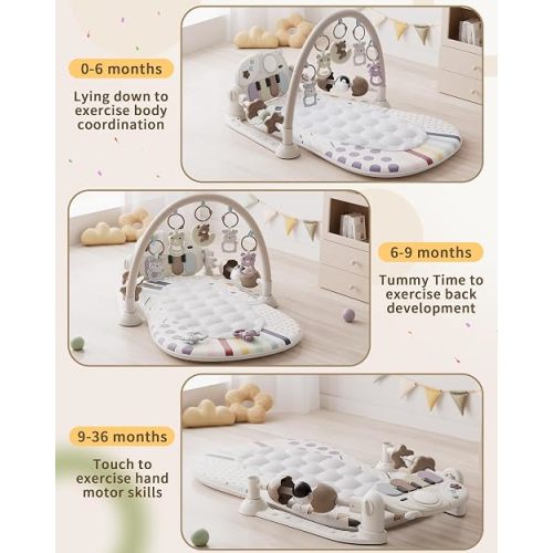 Jovow Baby Gym Play Mat with Detachable Musical Piano, Light Up Activity Center with 4 Rattles & Glowing Night Light, Educational Sensory Toys for Newborns 0-12 Months