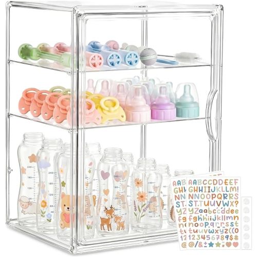 Baby Bottle Organizer, 3 Tier Bottle Storage Organizer with 2 Sheet Alphabet Stickers, 2 Removable Dividers and Magnetic Door, Clear Bottle Station Organizer for Countertop Cabinet