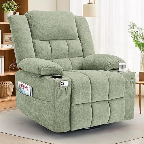 360° Swivel Rocker Recliner for Adults, Nursery Glider Recliner with Massage and Heating, Rocking Chair with Cup Holder, Manual Recliner Chair for Living Room, Bedroom (Fabric, Turquoise)