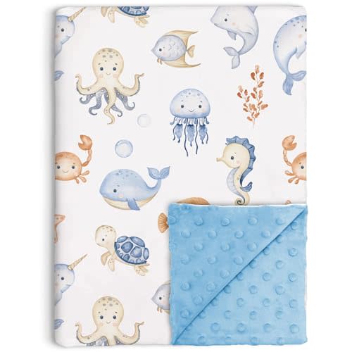 Buerhanerry Under The Sea Baby Blankets Neutral for Boys Girls, 30"x40" | Ocean Animals Toddler Soft Minky Blanket with Double Layer Dotted Backing, Nursery Newborn Baby Crib Receiving Blanket
