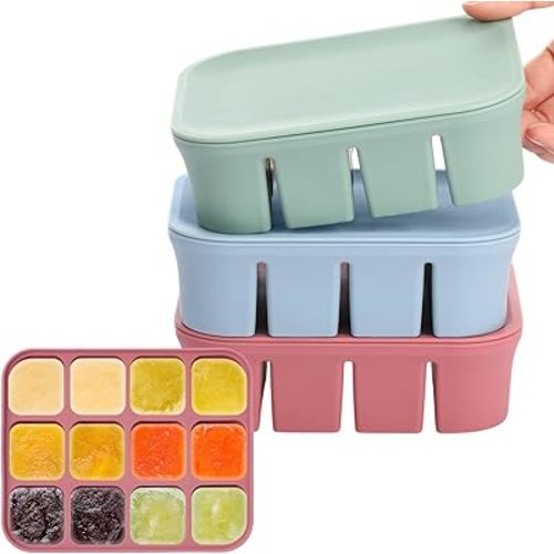 3 Pack Baby Food Freezer Tray with Lids 2.8 oz x 12 Cups Silicone Baby Food Storage Container Ice Cube Freezer Molds for Homemade Vegetable Fruit Purees Snack