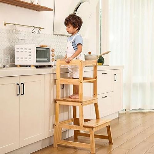 Kitchen Step Stool for Kids with Safety Rail,Solid Wood Construction Toddler Learning Stool, Montessori Toddlers Kitchen Stool Tower(Natural)