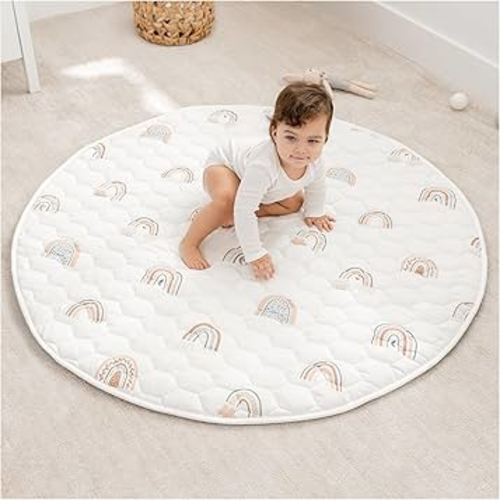 Comfy Cubs Kids Play Mat, Round 122 cm - 0+ Months, Medium Soft Baby Mat with Non-Slip Bottom - Safe, Plush Quilted Surface for Kids Playtime, Tummy Time, Relaxation, and Comfort Rainbow