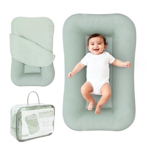 Aila + Aiden Baby Lounger | Organic Cotton Infant Lounger | Adjustable & Portable Floor Lounger | Supervised Use | Soft, Breathable, Washable Cover - Snuggle Collection - (Sage)