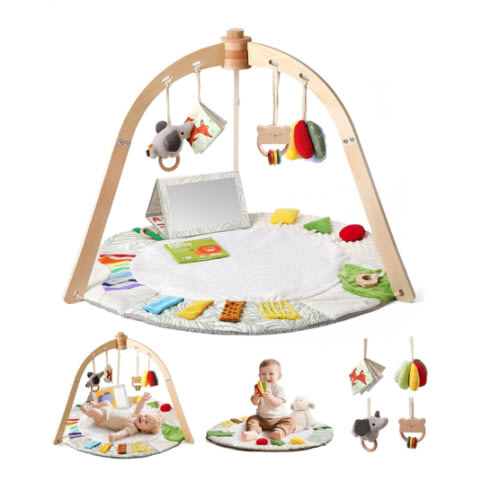 Wooden Baby Play Gym & Tummy Time Playmat – Montessori Sensory Activity Mat with 6 Developmental Toys for Fine Motor Skills – for Newborns to Toddlers (0–12M+)