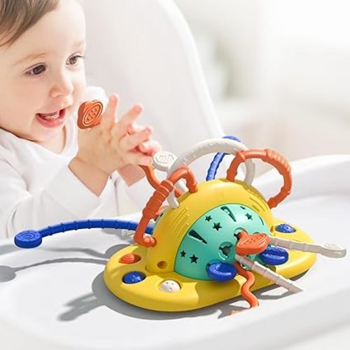 VoMii High Chair Toys with Suction Cup, Montessori Sensory Toys for 1 Year Old Fine Motor Skills,Food Grade Silicone Pull String Activity Gift for Baby Infant Toddlers