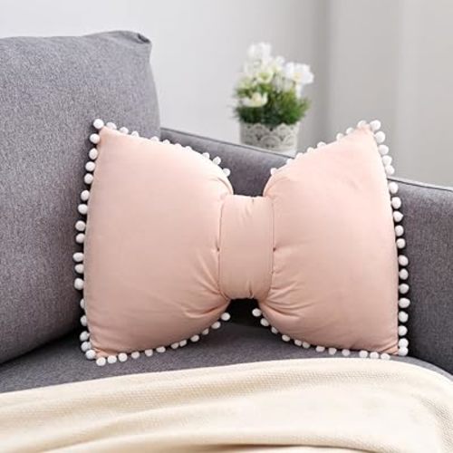 SKXKJ Boho Decorative Throw Pillow Covers with Pom Poms Soft Velvet Pillow Cases Bow Lumbar Pillow Covers 14 x 20 Cushion Case for Bed Couch Living Room Decor Blush