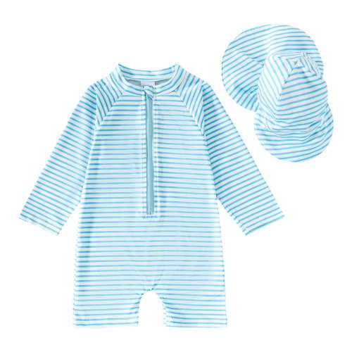 lnmuld Boys Sun Swimwear Long Sleeve Rash Guard and Hat Set UPF 50 for Beach Pool Water Activities Size:0-3 Months