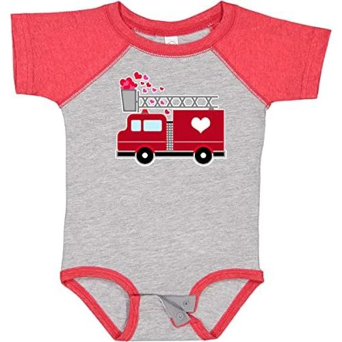 inktastic Newborn Size Red Firetruck with Pink Hearts Baby Bodysuit