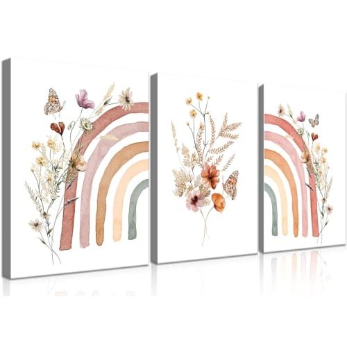 3Pcs Framed Boho Nursery Wall Decor Girl Wall Art Cute Wildflowers Rainbow for Girls Boho Rainbow Canvas Wall Art Posters for Kids Room Baby Room Classroom Bedroom 16x24inch Framed