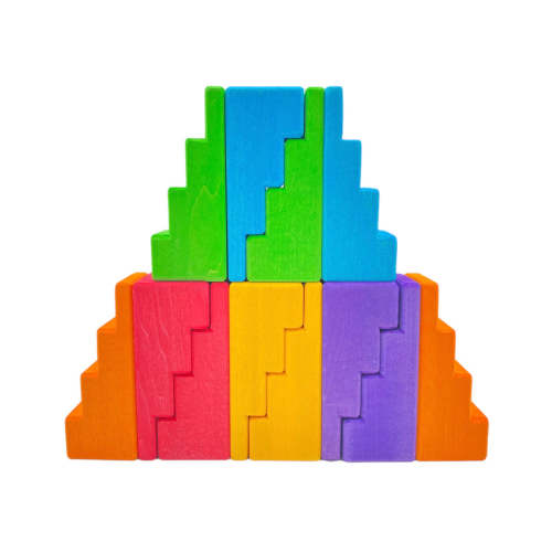 12 Pcs STAINED Stepped Roofs Building Blocks in Primary Rainbow Colors – Green Elephant Home and Toys