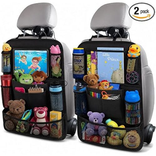 ULEEKA Car Backseat Organizer with 10" Table Holder, 9 Storage Pockets Seat Back Protectors Kick Mats for Kids Toddlers, Travel Accessories, 2 Pack (Black) | Car Organizers and Storage Kick Mats Back Seat Protector w/ Touch Screen Tablet Holder for Kids T