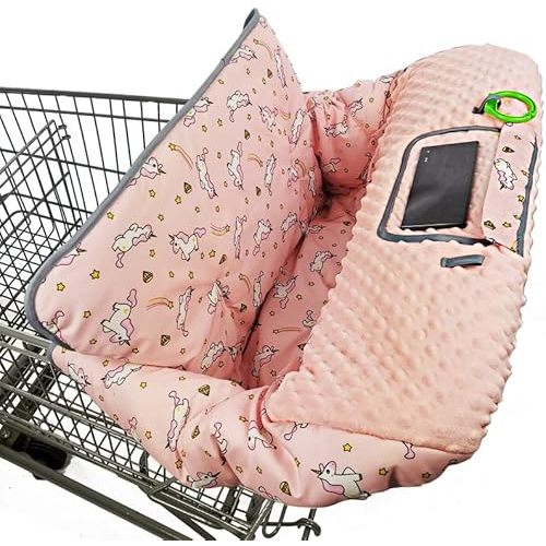 Shopping cart Cover for Babies-high Chair Cover, Dotted Minky Touching, Multi in 1 Design, 360 Full Protection, roll in and go, Universal fit, Pink Unicorns
