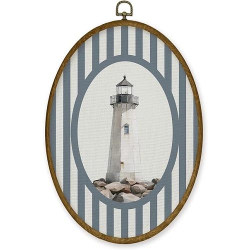 JMENGSSFL Coastal Nautical Lighthouse Oval Wall Art Decor, Ocean Beach Nursery Canvas Prints, Beachy Framed Wall Art for Beach House Kids Boy Girl Nursery Room Bedroom Decor, 8.6x11.4 Inch