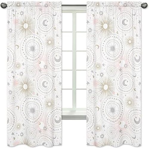Sweet Jojo Designs Star and Moon Girl Window Curtains Treatments Panels for Baby Nursery Kids Bedroom Kitchen Living Room Playroom Coverings - Set of 2 -Blush Pink Gold Grey Celestial Sky Shabby Chic