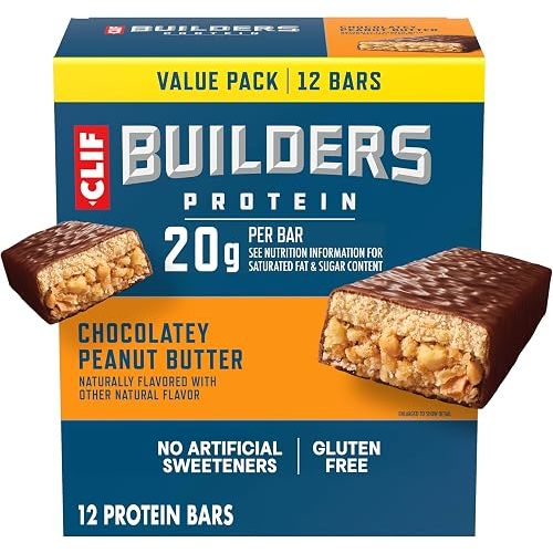 CLIF BUILDERS Protein Bars, Chocolatey Peanut Butter, 20g Protein, Gluten Free, Non-GMO, 12 ct