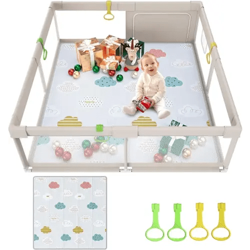 Fodoss Baby Playpen with Mat, 59x59in Playpen for Babies and Toddlers, Kids Play Pen, Extra Large Baby Fence for Infants with Playmates, Toddler Playard