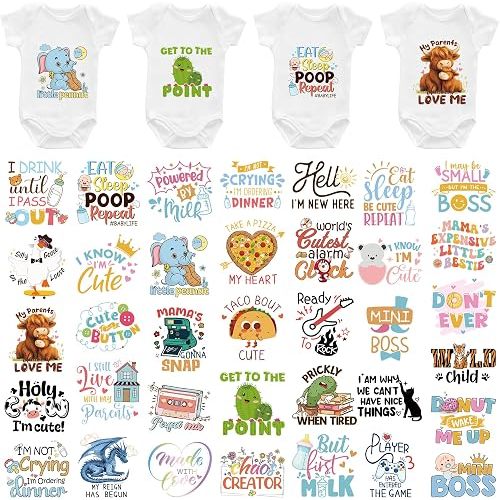 Fun Baby Iron on Transfers, 36 PCS Onesie Decorating Kit Baby Shower, Funny Heat Transfer Stickers, Iron on Decals for T Shirts Hoodie Bibs Bodysuit Clothing DIY Crafts
