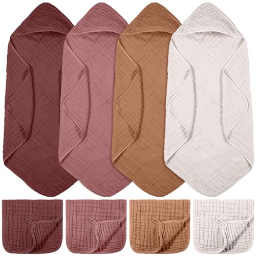 VitalCozy 8 Pcs Baby Muslin Hooded Bath Towels and Washcloths Muslin Cotton Hooded Baby Towels Absorbent Blankets for Gift Newborn Infant Shower (32 x 32 Inch,Warm Colors)