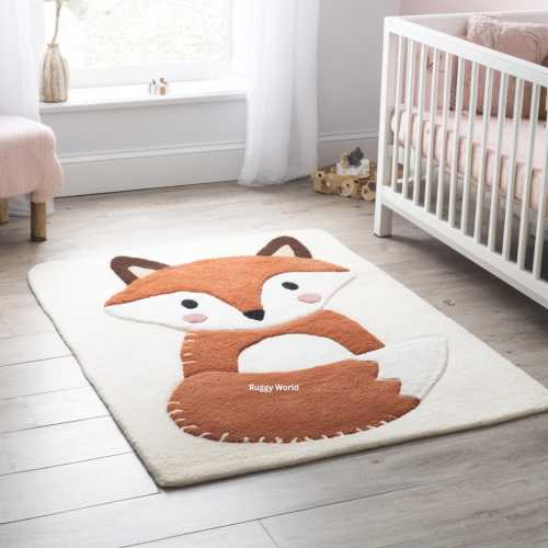Hand Tufted Fox Kids Rug | Cute Animal Nursery Rug | Soft Baby Room Carpet | Woodland Theme Kids Playroom Rug
