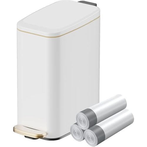 KUK Slim Bathroom Trash Can with Lid, 1.6 Gal / 6L Stainless Steel Small Garbage Bin with Detachable Inner Bucket, Step Pedal, Silent Close, Wastebasket for Toilet, Bedroom, Home, Office (White)