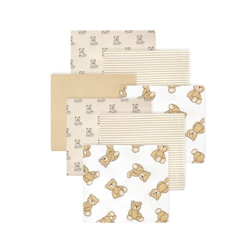 Little Treasure Hudson Baby Cotton Poly Flannel Receiving Blankets Multipack, Brown Teddy Bears, 30x30 inches
