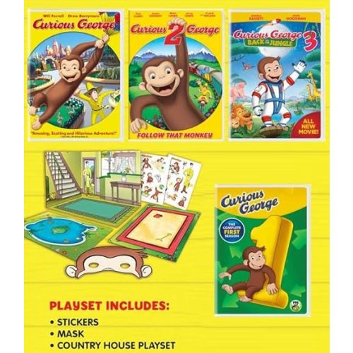 Curious George DVD & Playset Collection: Curious George / Curious George 2: Follow That Monkey / Curious George 3: Back to the Jungle / Curious George: Season 1 + Stickers, Mask, Country House Playset