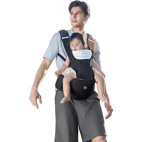 HBR Baby Carrier with Hip Seat, Air-Padded Shoulder Straps – All Day Comfort, 6-in-1 Ergonomic Baby Carrier for Newborn to Toddler, Forward-Facing, Hands-Free, Adjustable Up to 45 lbs, 47 in, Black