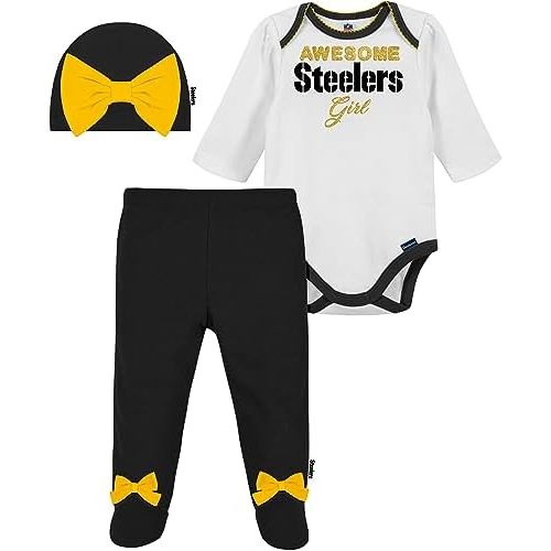 Gerber NFL baby girls 3 Pack Bodysuit Registry Gift Set Footed Pant and Cap