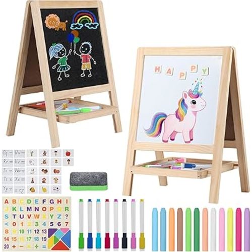 Tabletop Painting Wooden Art Easel for Kids - 4-in-1 Double-Sided Drawing Board for Toddlers 2-4, Chalkboard & Dry Whiteboard with Chalk,Markers, Eraser, Magnetic Letters/Numbers & Flashcards