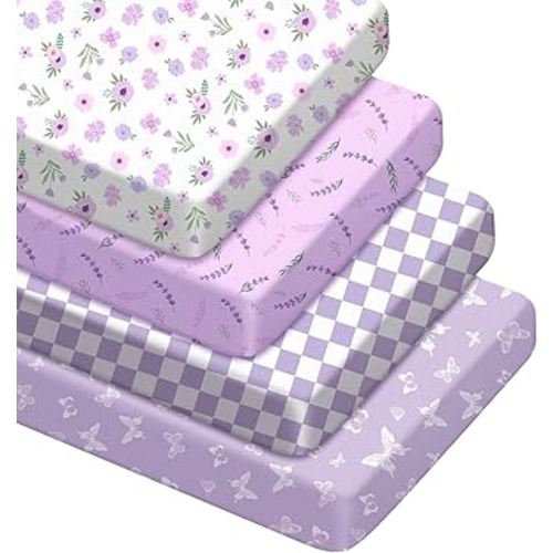 Moukeren 4 Pcs Purple Butterfly Flower Baby Crib Sheets for Boys Girls Soft Microfiber Baby Bassinet Sheets Crib 52" x 28" for Standard Cribs Nursery Bedding