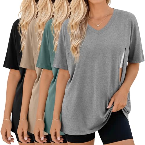 4 Pack Women's Oversize Nursing Tops | Breastfeeding Clothes, Maternity T Shirts, Breastfeeding, Hidden Zipper, Short Sleeve, V Neck, Summer, Plus Size, Soft