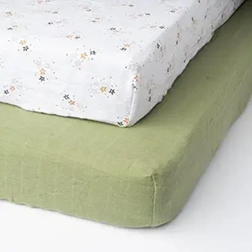 100% Organic Cotton Muslin Standard Fitted Crib Sheet for Boys, Girls & Toddlers – 52"x28", 2 Pack Soft Breathable Natural Cotton Mattress Bed Sheets, Neutral Crib Sheet (Green & Star)