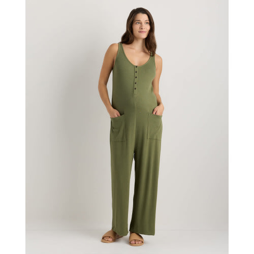 Bamboo Rib Maternity Button Front Jumpsuit - Maternity in Green Tea