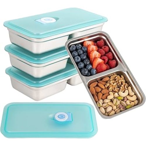 4 Pack Stainless Steel Snack Containers, Grab and Go Snack Containers with Lids, Stackable Food Storage Container, 2 Compartment for Fruits, Nuts and Snacks, Ideal for Gym, Office and Travel