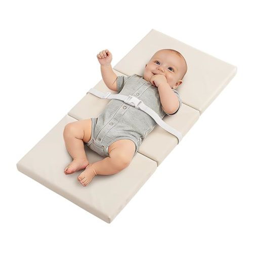 YACODAVO Foldable Baby Changing Pad with Vegan Leather Cover, Standard Side Waterproof & Wipeable Changing Pad for Toddler, Flat Foam Travel Diaper Changing Pad for Dresser and Table, White