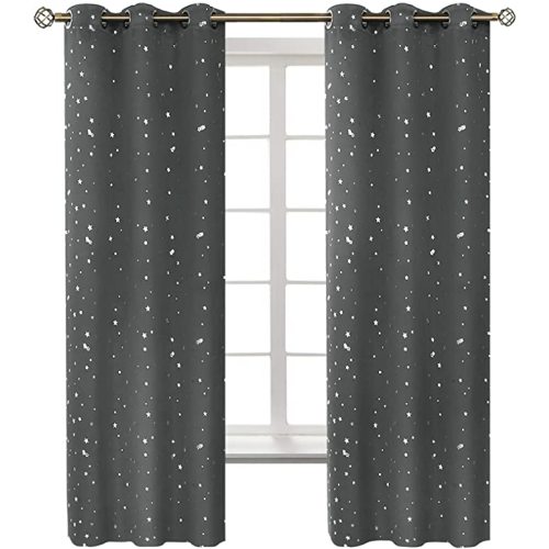 BGment Dark Grey Blackout Curtains for Kid's Bedroom - Grommet Thermal Insulated Room Darkening Silver Star Printed Curtains for Living Room, Set of 2 Panels (42 x 63 Inch, Dark Grey)