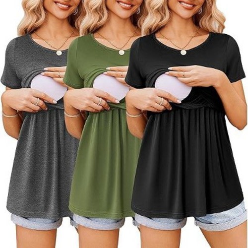 Ekouaer Womens Nursing Tops 3 Packs Short Sleeve Breastfeeding Shirts Double Layer Shirt Nursing Shirts Black&dark Gray&deep Green XL