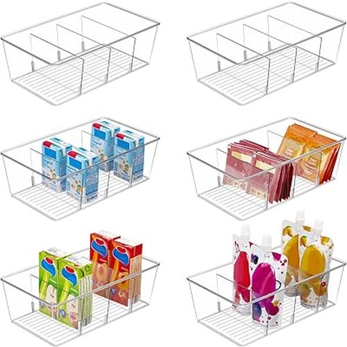 Vtopmart 6 Pack Food Storage Organizer Bins, Clear Plastic Bins for Pantry, Kitchen, Fridge, Cabinet Organization and Storage, 4 Compartment Holder Packets, Snacks, Pouches, Spice Packets