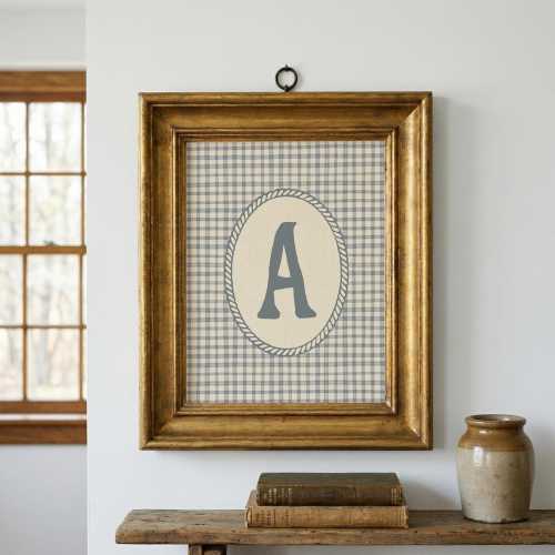 Custom Initial Nursery Print, Vintage Gingham Art (Framed Print)