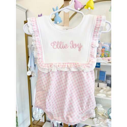 Pink Check Ruffle Bib Bubble Romper - Ellie Font Name – Little Stitches & Co.