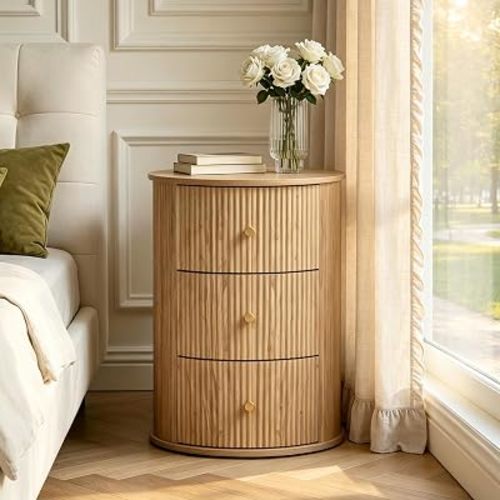 Fully Assembled Round End Table with 3 Storage Drawers (Natural-1 pc)