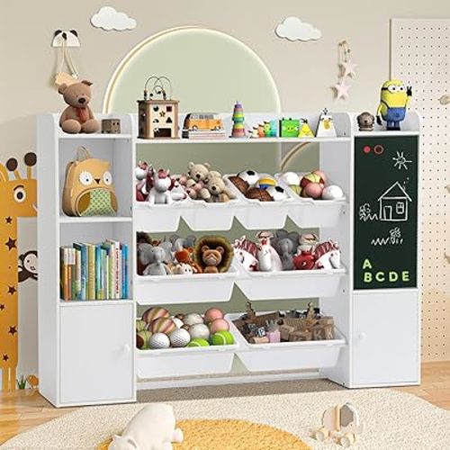 55” Toy Storage Organizer with Chalkboard - 4-Tier Kids Toy Organizers and Storage with 8 Toy Bins, Kids Bookshelf and Bookcase W/6 Cubbies for Girls Boys Playroom and Bedroom Classroom Nursery