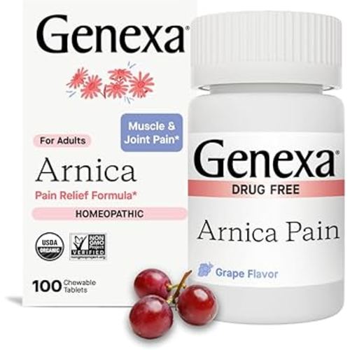 Genexa Arnica for Pain Relief | Alleviate Muscle & Joint Pain, Soreness & Stiffness | Reduces Bruises & Swelling | Organic Grape Flavor | Homeopathic Remedy Made Clean | 100 Chewable Tablets​