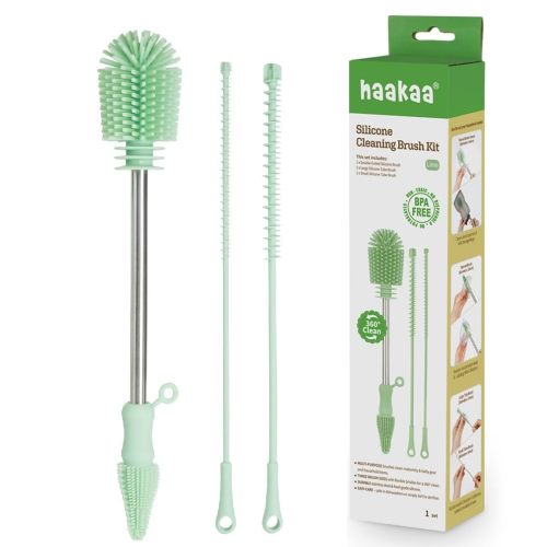 Haakaa Silicone Cleaning Brush Kit – Household Cleaning Brushes for Bottles and Crevices – Food-Grade Silicone: Dishwasher Safe (Kit-Lime)