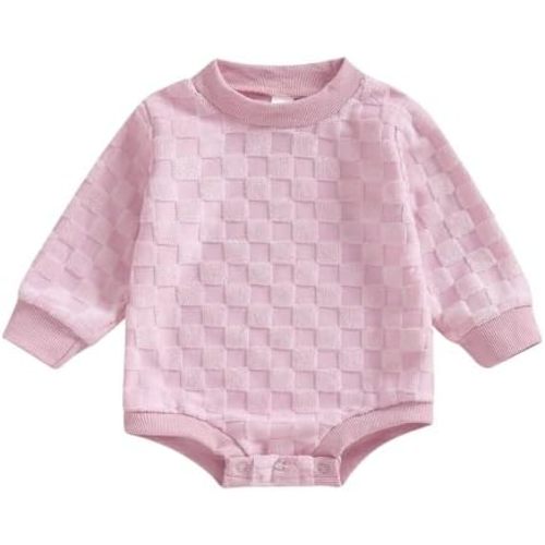 FYBITBO Fall Baby Girls Clothes Newborn Fleece Checker Romper Bubble Oversized Sweater Bodysuit Infant Outfits Cute Clothing