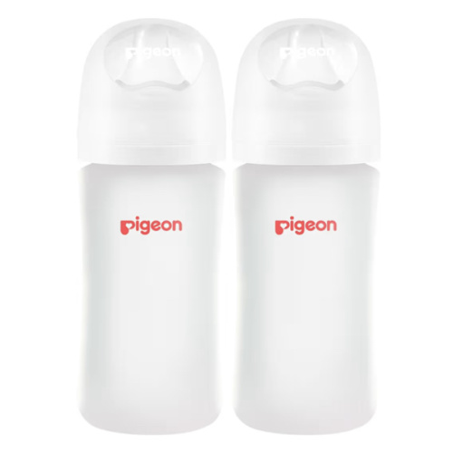 Pigeon Silicone Coating (Glass Inside/Silicone Outside) Baby Bottle, Wide Neck, Streamlined Body, Natural Feel, Easy to Clean, Heat-Resistant, 8 Oz (Pack of 2), Includes 2 pcs M Nipples (3m+)