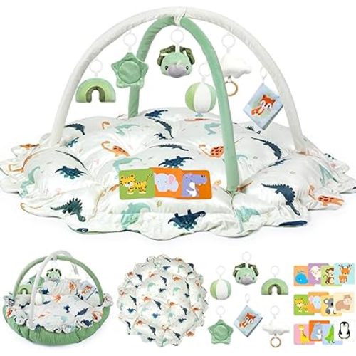 5-in-1 Baby Gym Play Mat with Cartoon Pattern, Extra Thick Plush Tummy Time Activity Gym with Hanging Toys, Sensory Development & Motor Skills Training Floor Mat, Dinosaur
