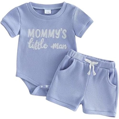 Kupretty Baby Boy Clothes 3 6 12 18 Months Summer Outfit Daddy's Mini Embroidery Waffle Short Sleeve Romper & Shorts Set